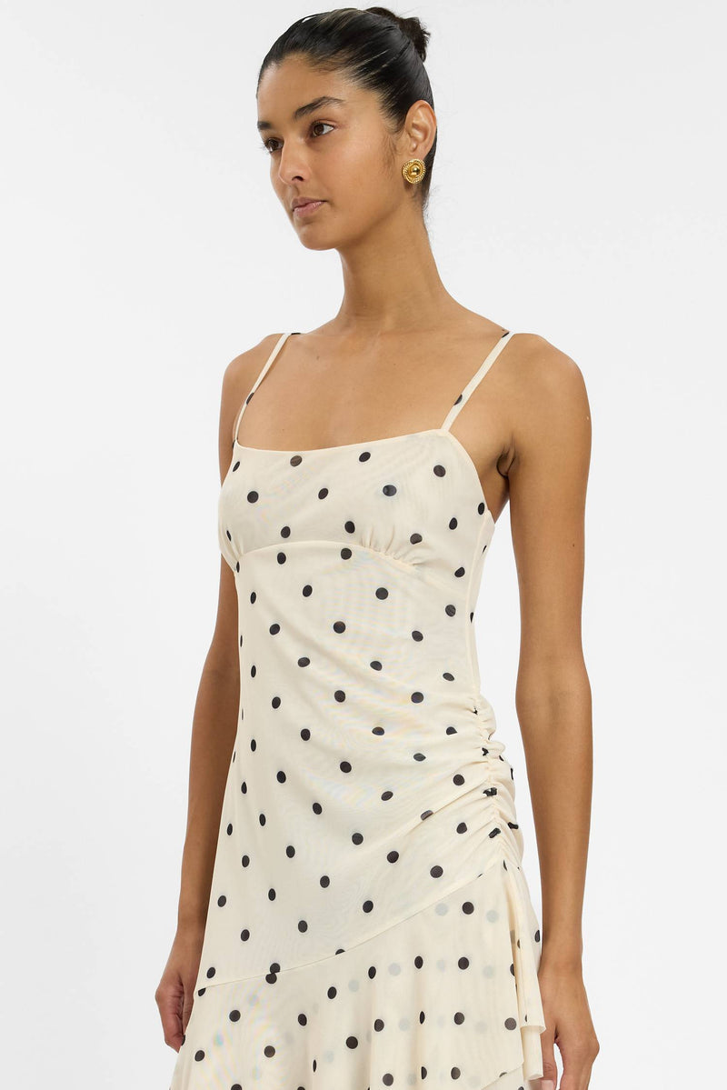 Asymmetric Frill Midi Dress | Mesh Ivory Polka