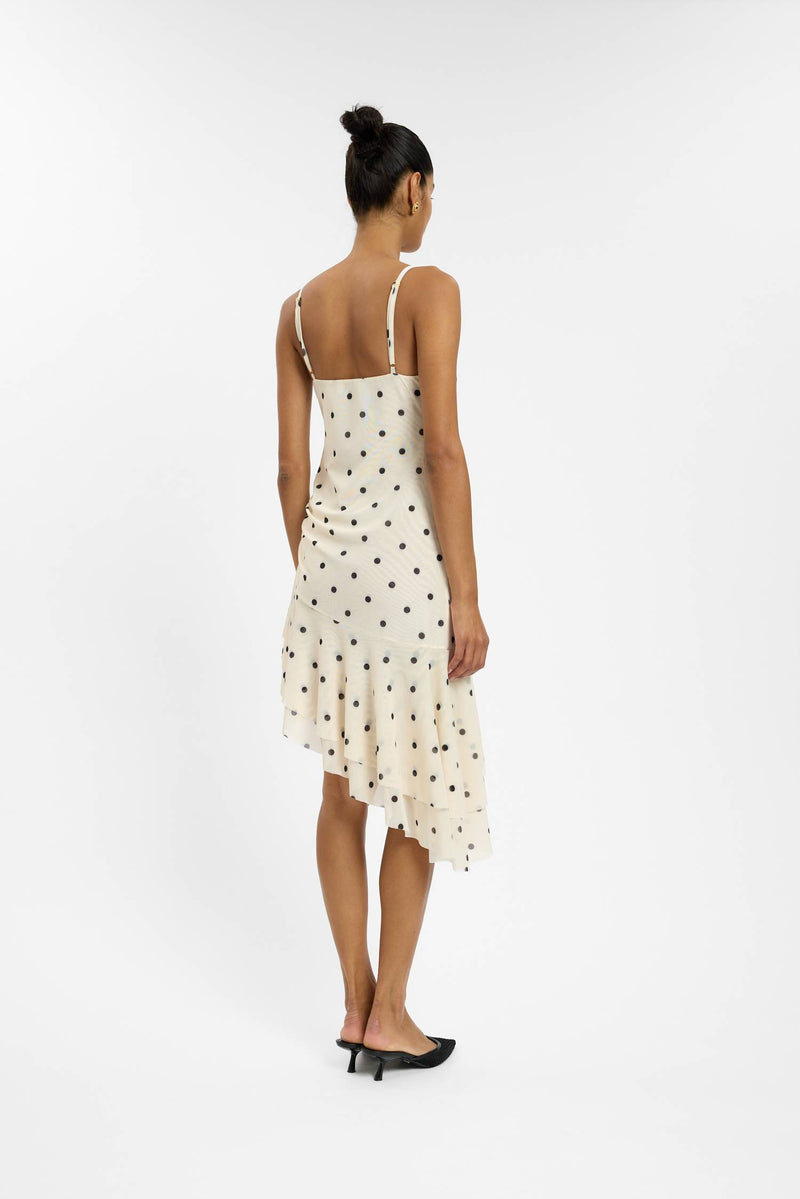 Asymmetric Frill Midi Dress | Mesh Ivory Polka