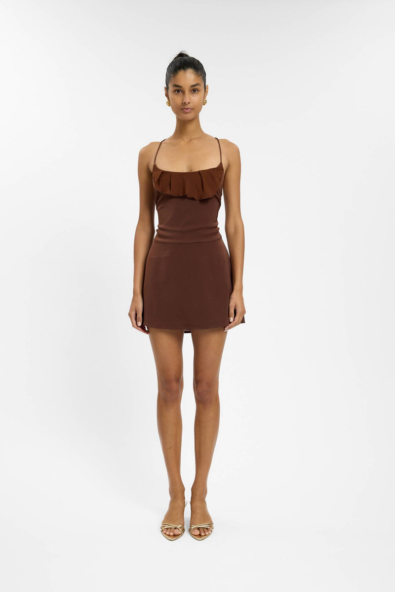 Frill Backless Mini Dress | Chocolate Satin