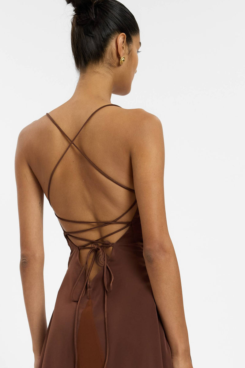 Frill Backless Mini Dress | Chocolate Satin