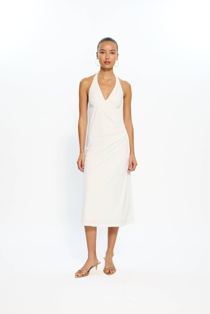 Pleated Backless Halter Dress | White
