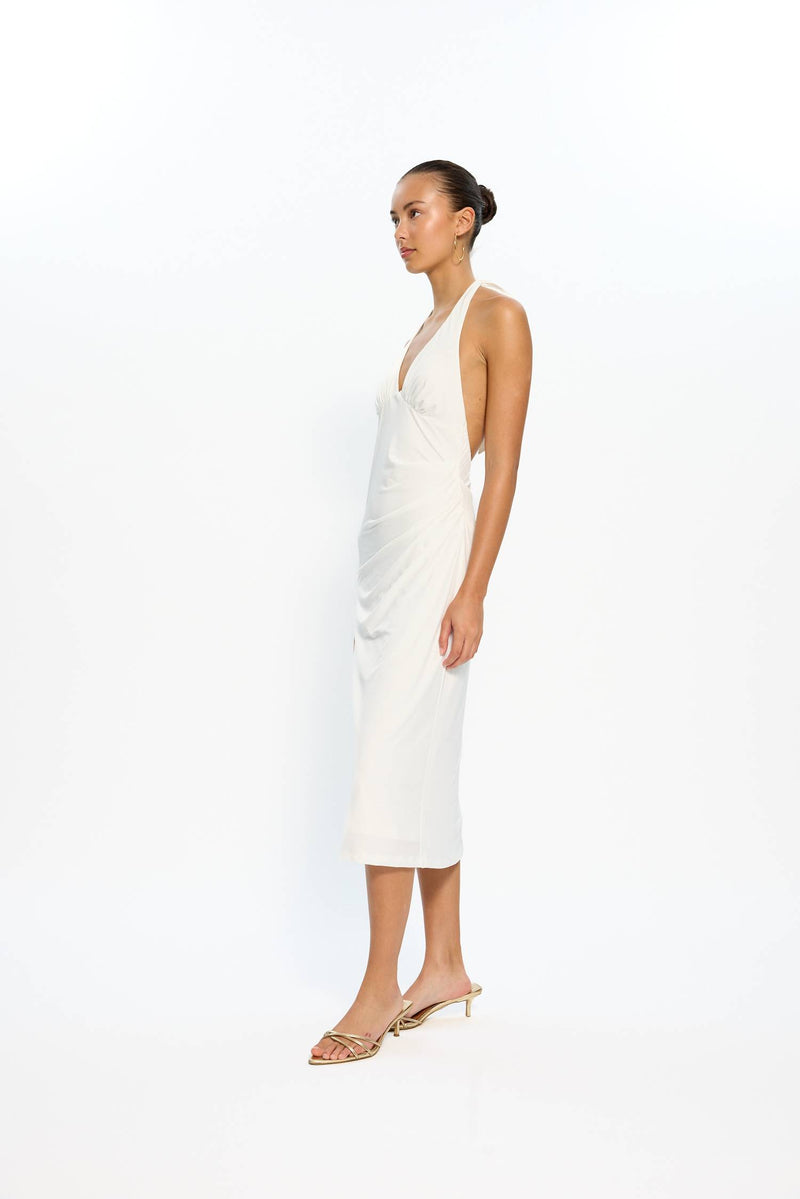 Pleated Backless Halter Dress | White
