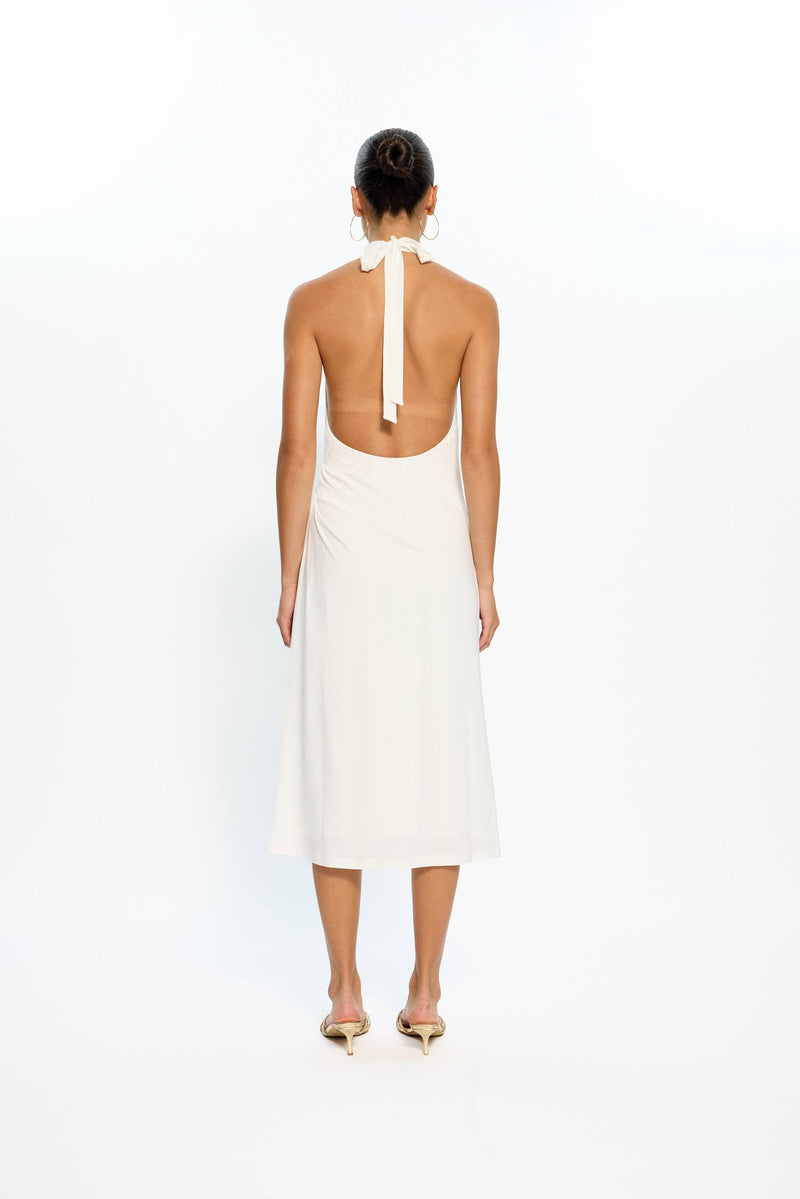 Pleated Backless Halter Dress | White