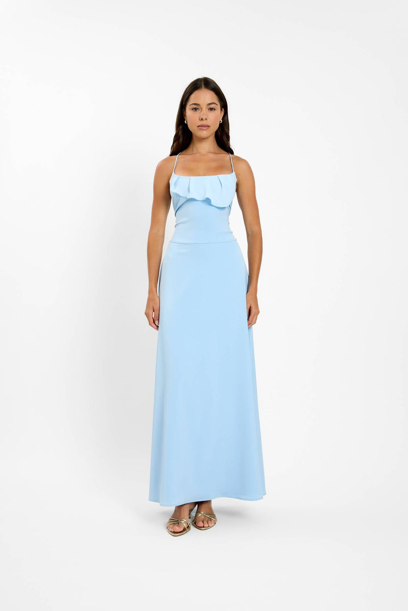 Frill Backless Maxi Dress | Baby Blue Satin
