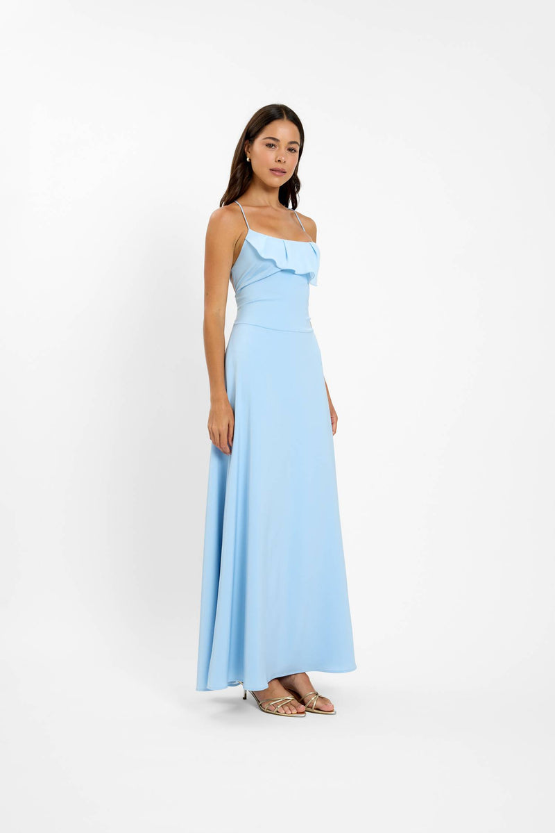Frill Backless Maxi Dress | Baby Blue Satin