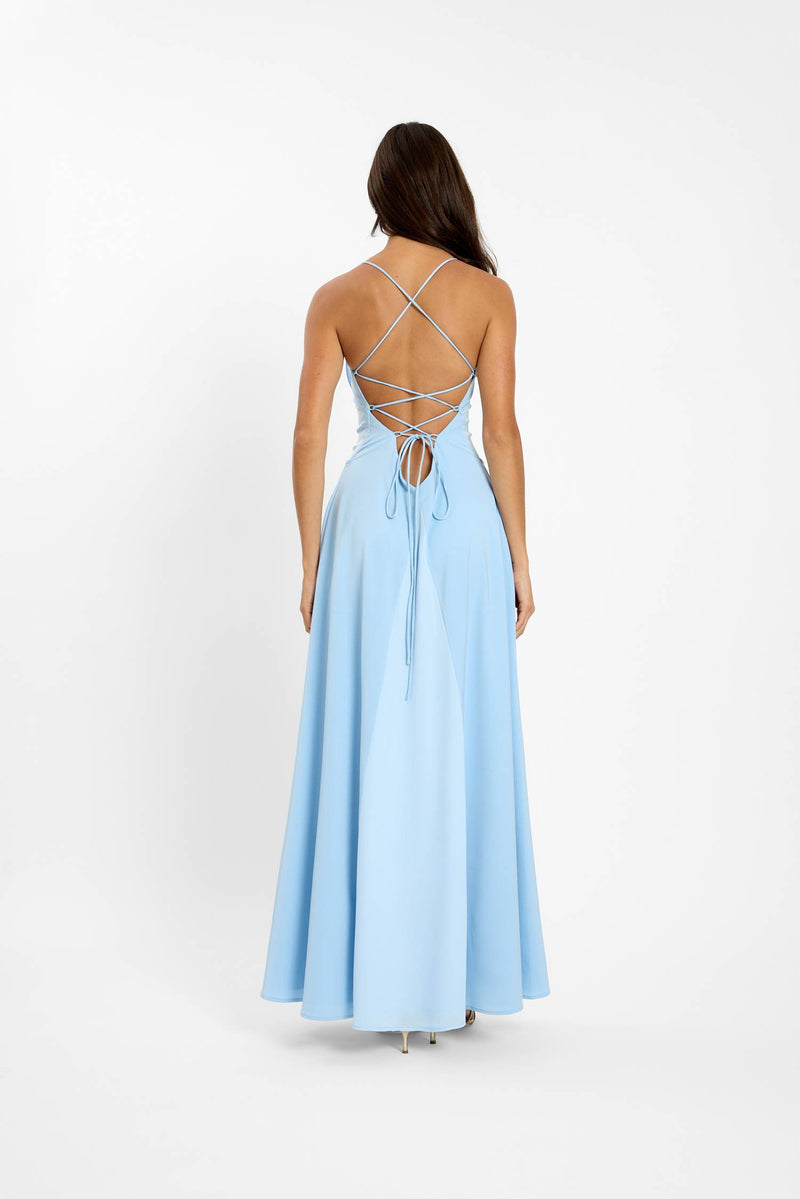Frill Backless Maxi Dress | Baby Blue Satin