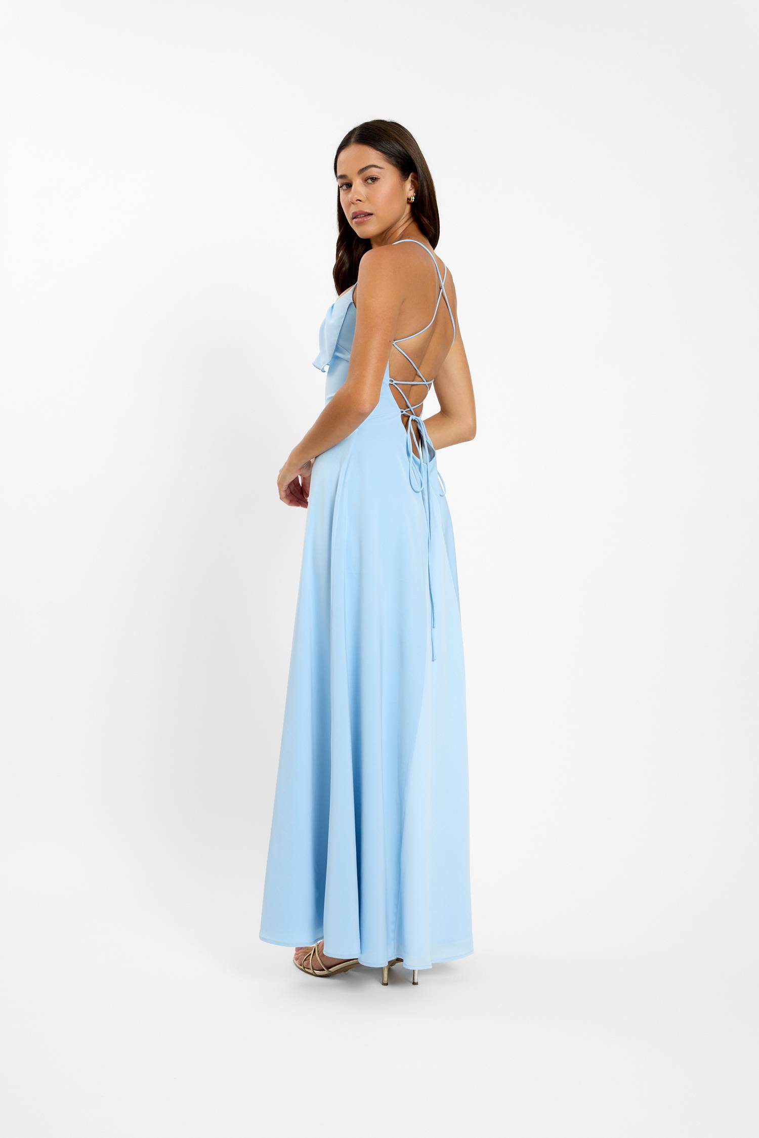Frill Backless Maxi Dress | Baby Blue Satin