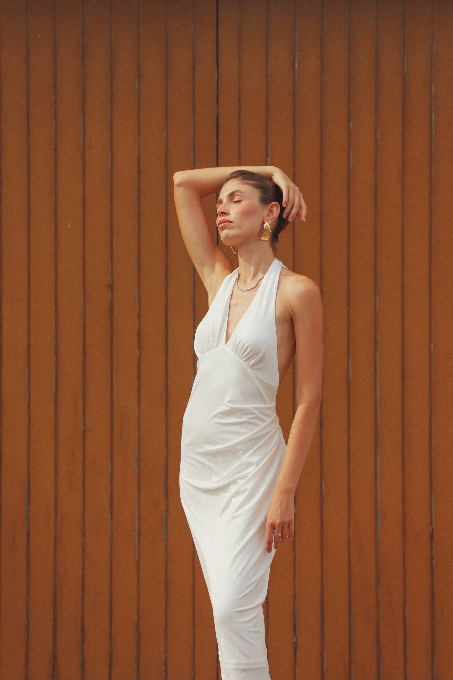 Pleated Backless Halter Dress | White