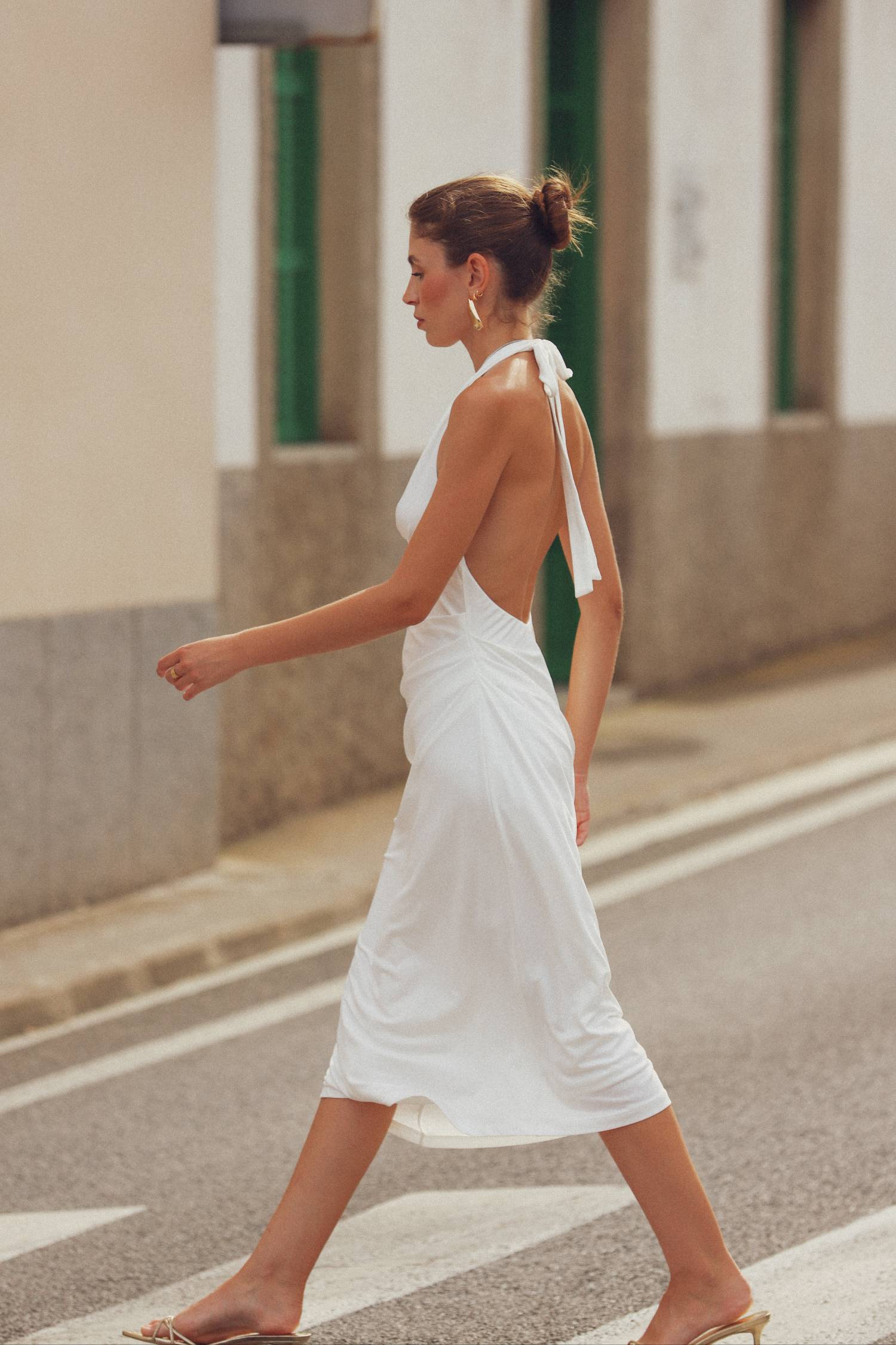 Pleated Backless Halter Dress | White