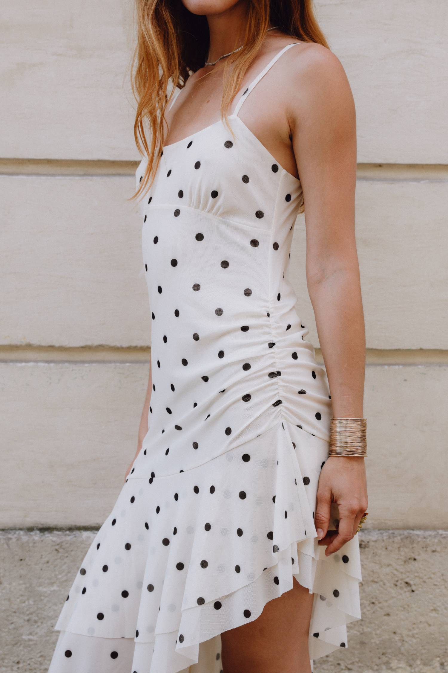 Asymmetric Frill Midi Dress | Ivory Polka