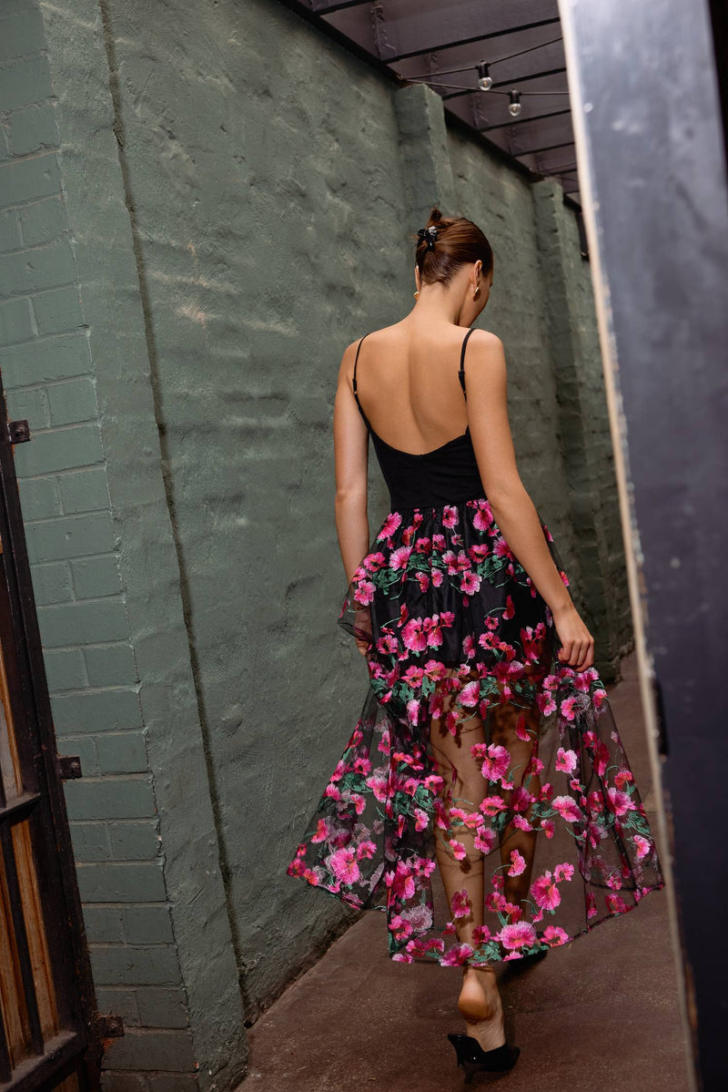 Bodice Dress | Black Embroidered Floral