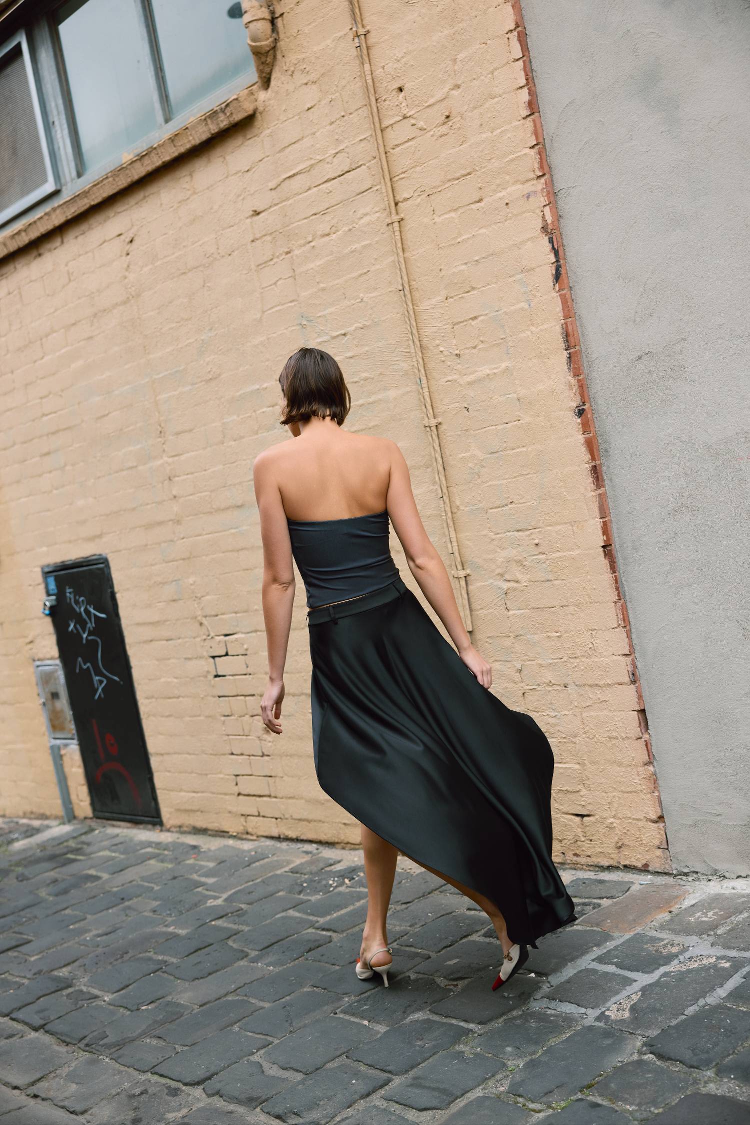 Bias Cascading Skirt | Black Satin